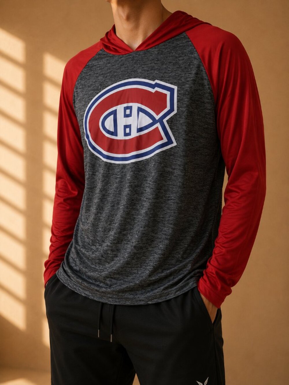 NHL Montreal Canadiens Hooded Long Sleeve Performance Shirt Gray Red (Men’s M)